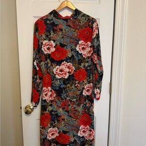 J. Peterman Red and Pink Floral Long Sleeve Dress